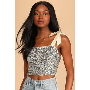 Lulu's Women's Cream Sequin Show Stopper Sparkle Tie Strap Crop Top Size Medium